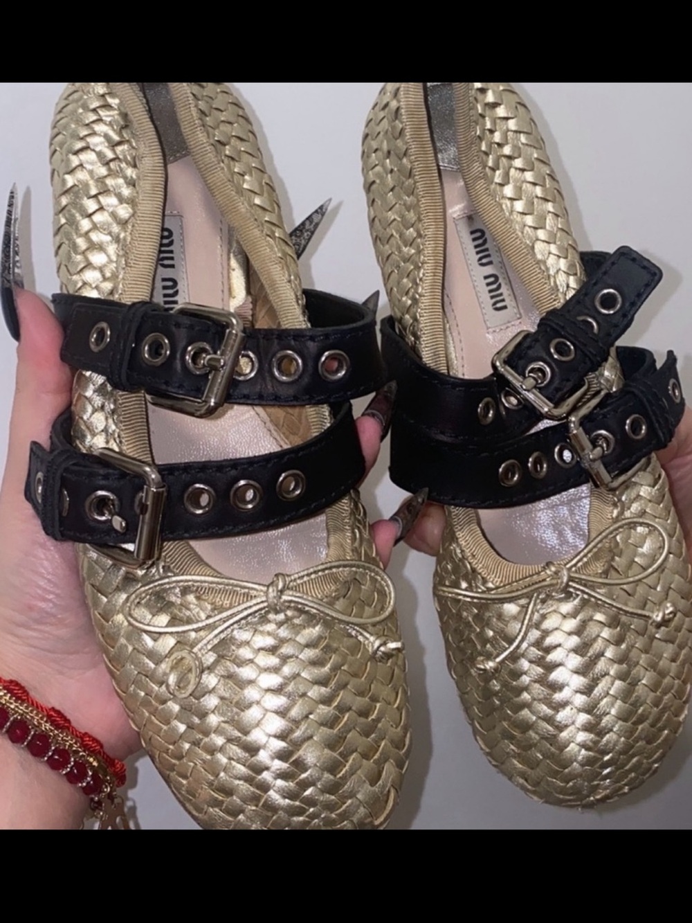 Miu Miu Metallic Gold Woven Ballet
Flats with Black Double Buckle
Straps